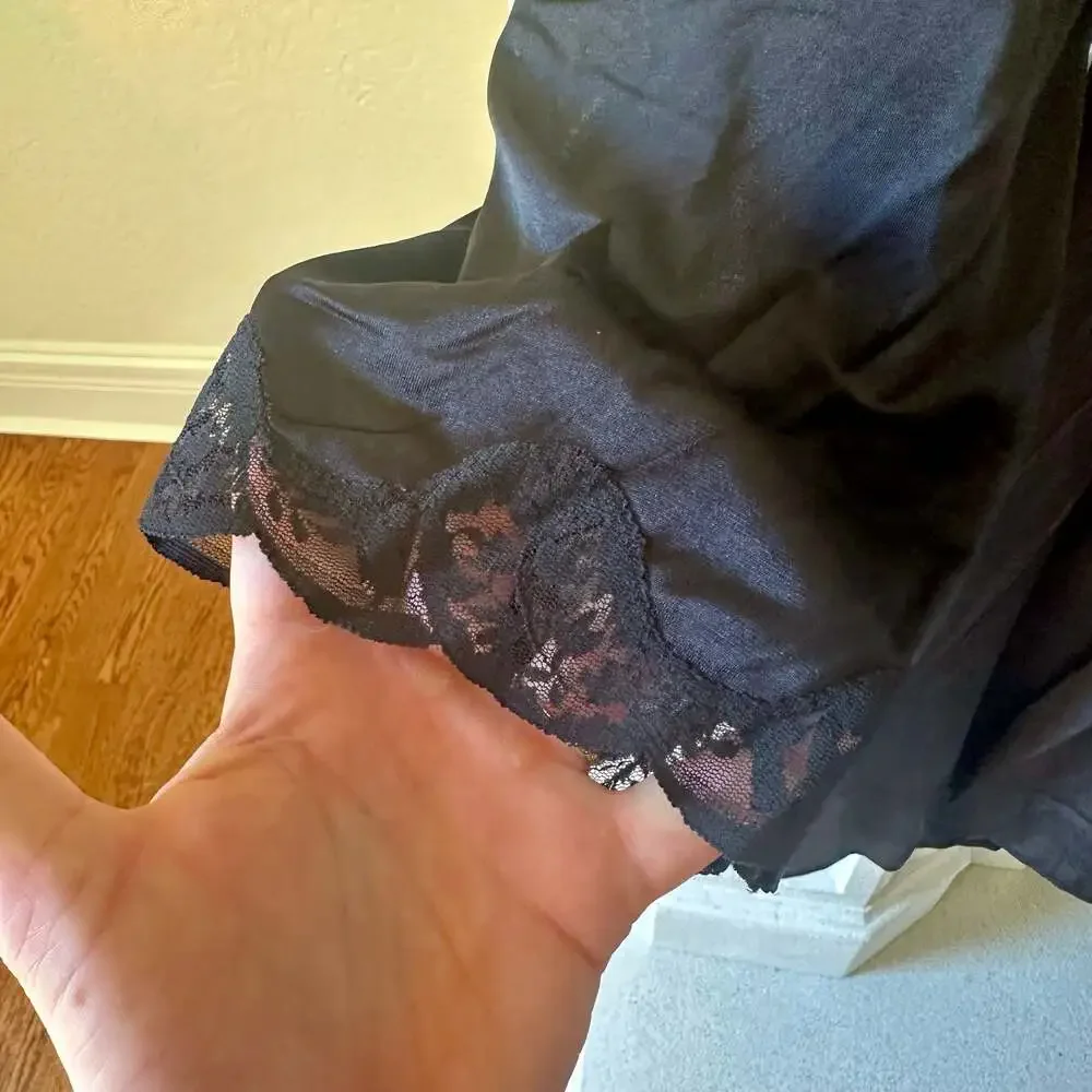 Women's Black Satin and Lace Trim Short Sleeve Nightgown